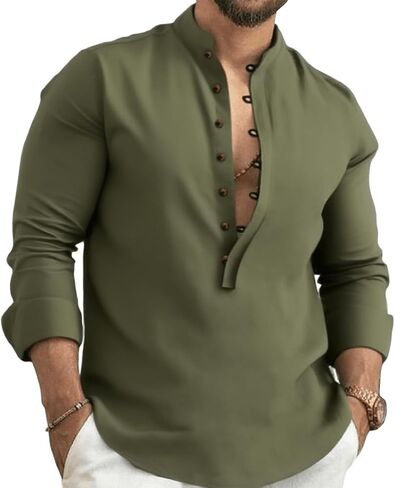 Kubsid Mens Henley Shirts Casual T Shirt Long Sleeve Banded Collar Button Down Vintage Beach Tops in Saudi Arabia