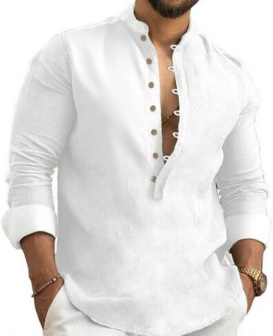Kubsid Mens Henley Shirts Casual T Shirt Long Sleeve Banded Collar Button Down Vintage Beach Tops in Saudi Arabia