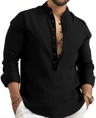 Kubsid Mens Henley Shirts Casual T Shirt Long Sleeve Banded Collar Button Down Vintage Beach Tops in Saudi Arabia