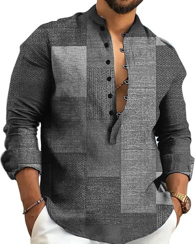 Kubsid Mens Henley Shirts Casual T Shirt Long Sleeve Banded Collar Button Down Vintage Beach Tops in Saudi Arabia
