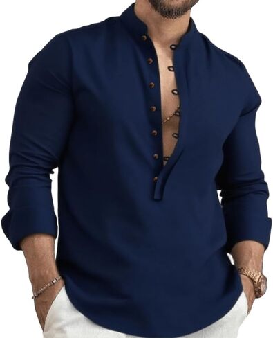 Kubsid Mens Henley Shirts Casual T Shirt Long Sleeve Banded Collar Button Down Vintage Beach Tops in Saudi Arabia