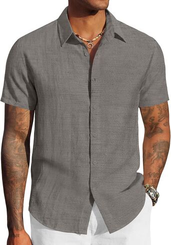 COOFANDY Men's Linen Shirts Short Sleeve Casual Button Down Shirts Beach Summer Wedding Tops in Kuwait