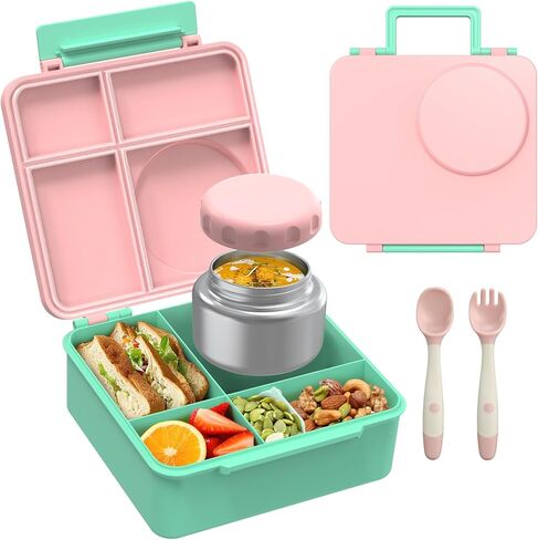 Bento Lunch Box Set for Kids with 8oz Soup Thermo, Leak-Proof Lunch Containers with 4 Compartment, Thermo Hot Insulated Food Jar and Foldable Fork Spoon, for Kids to School (pale pink) in Kuwait