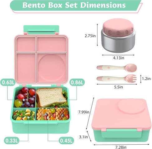 Bento Lunch Box Set for Kids with 8oz Soup Thermo, Leak-Proof Lunch Containers with 4 Compartment, Thermo Hot Insulated Food Jar and Foldable Fork Spoon, for Kids to School (pale pink) in Kuwait