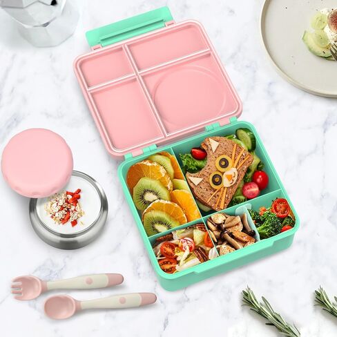 Bento Lunch Box Set for Kids with 8oz Soup Thermo, Leak-Proof Lunch Containers with 4 Compartment, Thermo Hot Insulated Food Jar and Foldable Fork Spoon, for Kids to School (pale pink) in Kuwait
