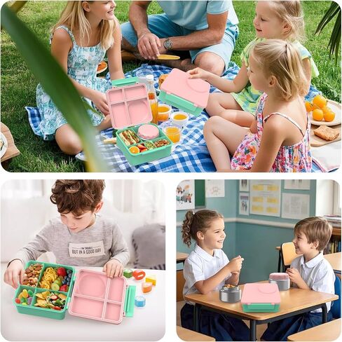 Bento Lunch Box Set for Kids with 8oz Soup Thermo, Leak-Proof Lunch Containers with 4 Compartment, Thermo Hot Insulated Food Jar and Foldable Fork Spoon, for Kids to School (pale pink) in Kuwait
