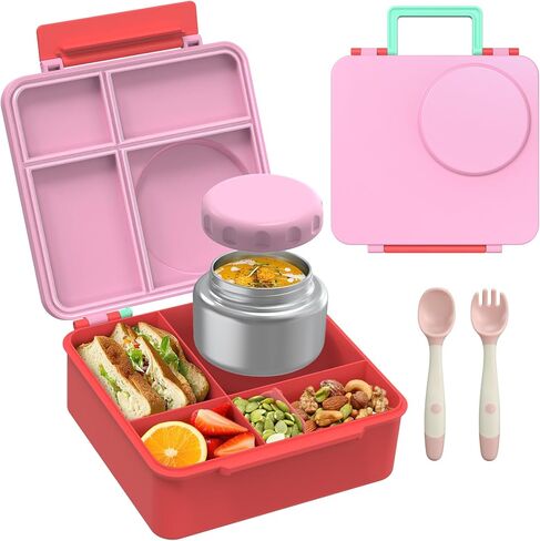 Bento Lunch Box Set for Kids with 8oz Soup Thermo, Leak-Proof Lunch Containers with 4 Compartment, Thermo Hot Insulated Food Jar and Foldable Fork Spoon, for Kids to School (pale pink) in Kuwait