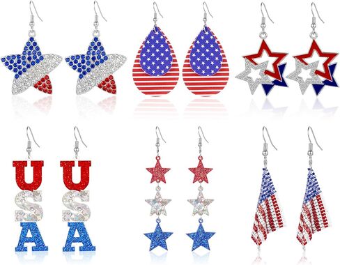 gisgfim American Flag Earring for Women 6 Pairs 250th Years 4th of July Vintage Patriotic Accessories American Flag Retro Star Teardrop Red White Blue Earring Dangle Jewelry Gift for Independence Day in Kuwait