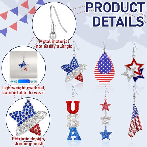 gisgfim American Flag Earring for Women 6 Pairs 250th Years 4th of July Vintage Patriotic Accessories American Flag Retro Star Teardrop Red White Blue Earring Dangle Jewelry Gift for Independence Day in Kuwait