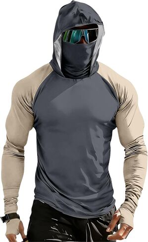 Men's Sun Protection Hoodie with Mask UPF 50+ UV Raglan Sleeve Shirt Rash Guard Performance Lightweight Fishing Hiking Shirts in Kuwait