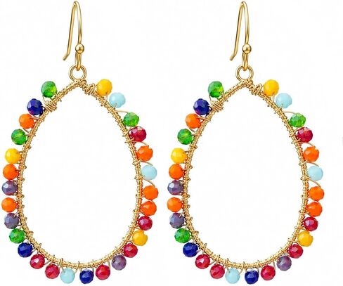 Bohemian Teardrop Dangle Earrings in Multiple Colors, Golden Wire Wrapped Hollow Sparkly Crystal Beaded Statement Earrings for Women, Summer Beach Wedding Party Jewelry in Saudi Arabia