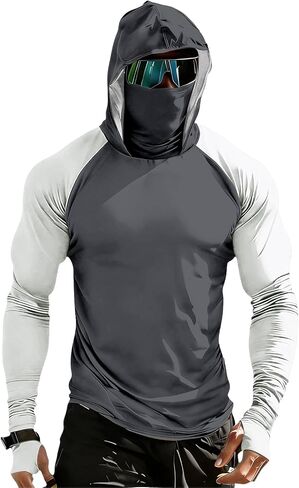 Men's Sun Protection Hoodie with Mask UPF 50+ UV Raglan Sleeve Shirt Rash Guard Performance Lightweight Fishing Hiking Shirts in Kuwait