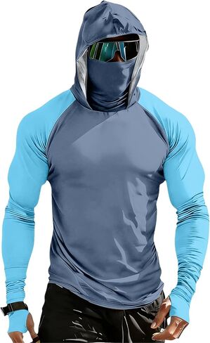Men's Sun Protection Hoodie with Mask UPF 50+ UV Raglan Sleeve Shirt Rash Guard Performance Lightweight Fishing Hiking Shirts in Kuwait