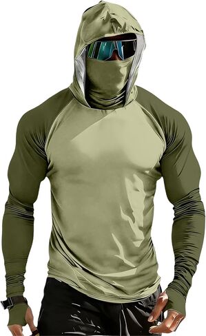 Men's Sun Protection Hoodie with Mask UPF 50+ UV Raglan Sleeve Shirt Rash Guard Performance Lightweight Fishing Hiking Shirts in Kuwait