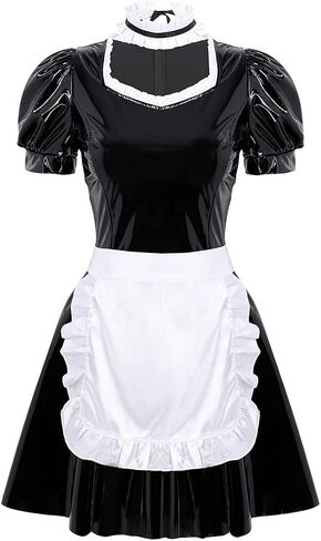 Women Black Shiny Maid Cosplay Dress French Maid Outfit with Apron Choker for Halloween in Saudi Arabia