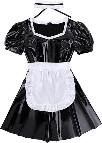 Women Black Shiny Maid Cosplay Dress French Maid Outfit with Apron Choker for Halloween in Saudi Arabia
