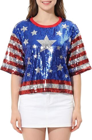 American Flag Star Striped Tops for Women Sparkly Sequin Short Sleeve Shirts for 250th Anniversary Patriotic Casual Costume Party One Size in Saudi Arabia