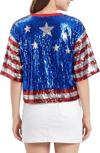 American Flag Star Striped Tops for Women Sparkly Sequin Short Sleeve Shirts for 250th Anniversary Patriotic Casual Costume Party One Size in Saudi Arabia