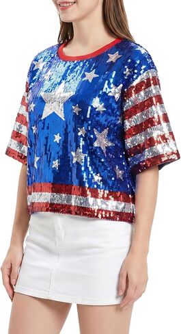 American Flag Star Striped Tops for Women Sparkly Sequin Short Sleeve Shirts for 250th Anniversary Patriotic Casual Costume Party One Size in Saudi Arabia