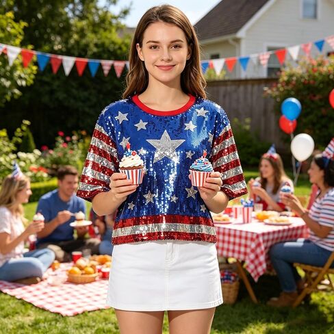 American Flag Star Striped Tops for Women Sparkly Sequin Short Sleeve Shirts for 250th Anniversary Patriotic Casual Costume Party One Size in Saudi Arabia