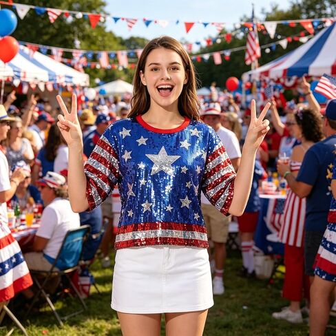 American Flag Star Striped Tops for Women Sparkly Sequin Short Sleeve Shirts for 250th Anniversary Patriotic Casual Costume Party One Size in Saudi Arabia