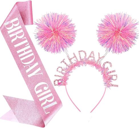 Birthday Sash and Headband Set - Glitter Pink Birthday Girl Sash, Crown & Tiara for Birthday Girl Decorations, Fit for Women, Girls, Teens Outfits Birthday Party Accessories in Kuwait