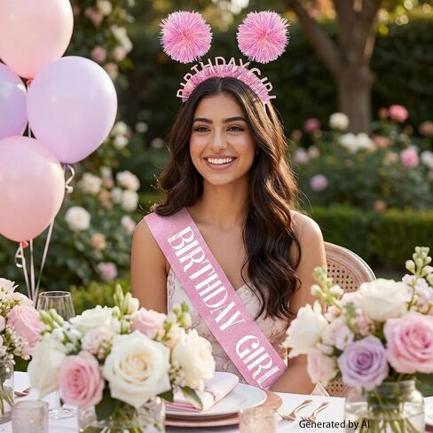 Birthday Sash and Headband Set - Glitter Pink Birthday Girl Sash, Crown & Tiara for Birthday Girl Decorations, Fit for Women, Girls, Teens Outfits Birthday Party Accessories in Kuwait