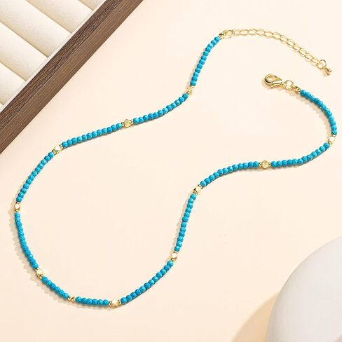 NOASR Beaded Necklace For Women Turquoise Choker Boho Bead Necklace Delicate Summer Jewelry Gift 14K Gold Plated Green Bead Necklace 16.5"+2" in Saudi Arabia