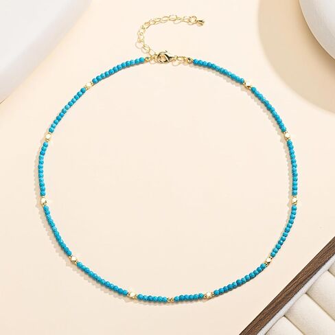 NOASR Beaded Necklace For Women Turquoise Choker Boho Bead Necklace Delicate Summer Jewelry Gift 14K Gold Plated Green Bead Necklace 16.5"+2" in Saudi Arabia