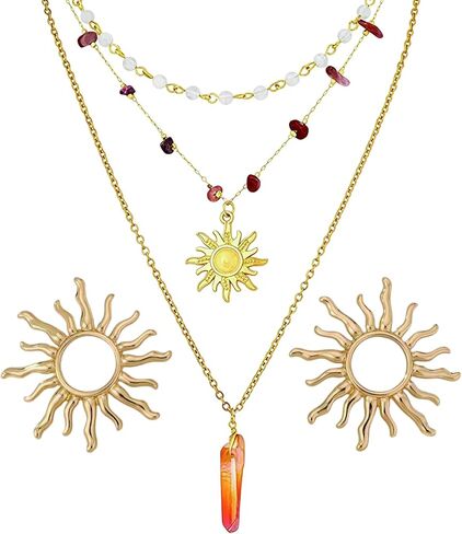 Layered Crystal Sun Necklace and Sun Earrings,Gold Summer Beach Necklace,Gothic Boho Hippie Jewelry,Ideal Jewelry Gifts for Women in Saudi Arabia