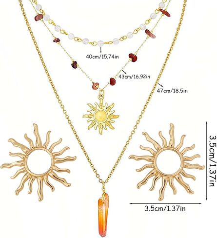 Layered Crystal Sun Necklace and Sun Earrings,Gold Summer Beach Necklace,Gothic Boho Hippie Jewelry,Ideal Jewelry Gifts for Women in Saudi Arabia