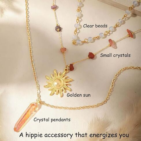 Layered Crystal Sun Necklace and Sun Earrings,Gold Summer Beach Necklace,Gothic Boho Hippie Jewelry,Ideal Jewelry Gifts for Women in Saudi Arabia