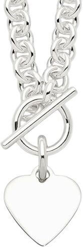 Solid 925 Sterling Silver Engraveable Heart Disc on Fancy Link Toggle Necklace Chain 18" (7mm) in Kuwait