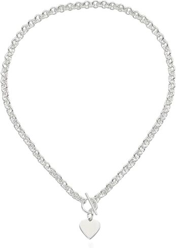 Solid 925 Sterling Silver Engraveable Heart Disc on Fancy Link Toggle Necklace Chain 18" (7mm) in Kuwait