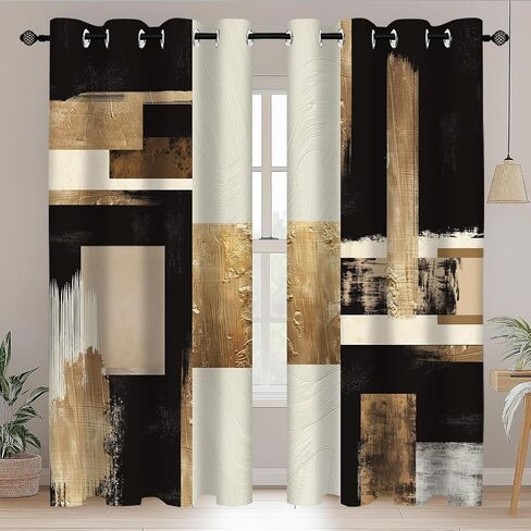 Boho Black Gold Abstract Blackout Curtains, Modern Oil Aesthetic Neutral Contemporary Beige Darkening Thermal Insulated Grommet Light Blocking Drape Decor, 52 x 84 Inch Long 2 Panels in Saudi Arabia