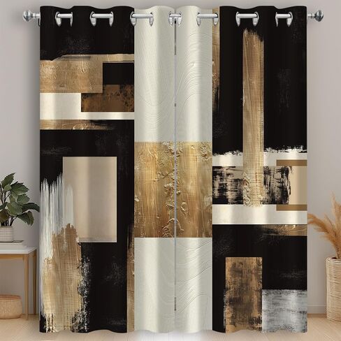 Boho Black Gold Abstract Blackout Curtains, Modern Oil Aesthetic Neutral Contemporary Beige Darkening Thermal Insulated Grommet Light Blocking Drape Decor, 52 x 84 Inch Long 2 Panels in Saudi Arabia