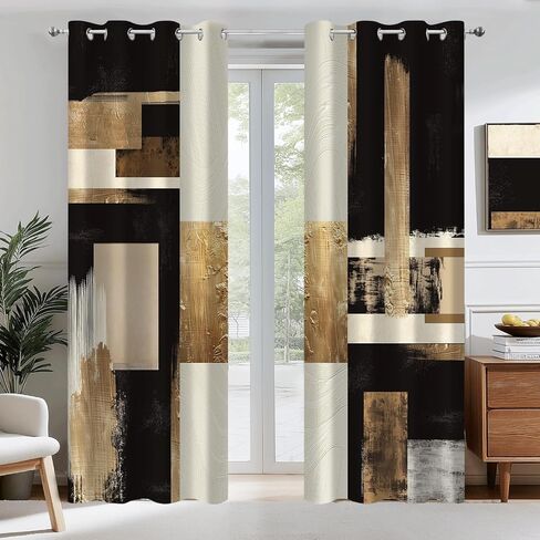 Boho Black Gold Abstract Blackout Curtains, Modern Oil Aesthetic Neutral Contemporary Beige Darkening Thermal Insulated Grommet Light Blocking Drape Decor, 52 x 84 Inch Long 2 Panels in Saudi Arabia