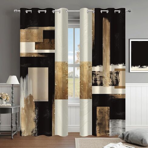 Boho Black Gold Abstract Blackout Curtains, Modern Oil Aesthetic Neutral Contemporary Beige Darkening Thermal Insulated Grommet Light Blocking Drape Decor, 52 x 84 Inch Long 2 Panels in Saudi Arabia