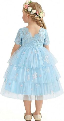 Toddler Flower Girl Dress 2-8Y Embroidered Lace Back V-Neck Tulle Dress for Party Wedding Tea Party in Saudi Arabia
