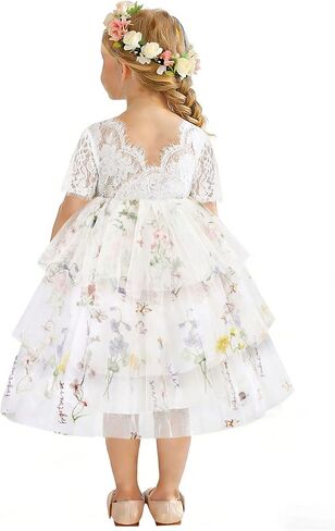 Toddler Flower Girl Dress 2-8Y Embroidered Lace Back V-Neck Tulle Dress for Party Wedding Tea Party in Saudi Arabia