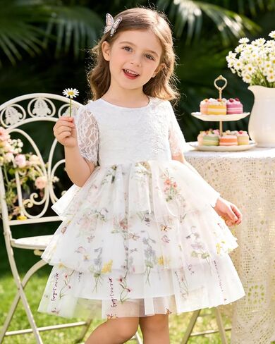 Toddler Flower Girl Dress 2-8Y Embroidered Lace Back V-Neck Tulle Dress for Party Wedding Tea Party in Saudi Arabia