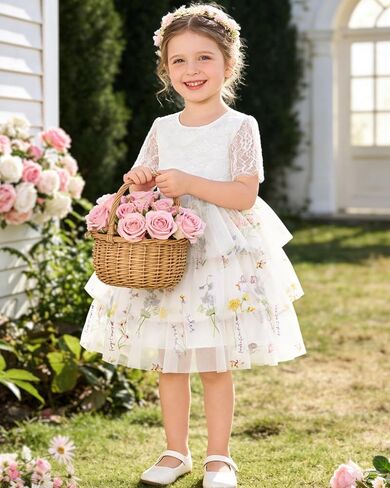 Toddler Flower Girl Dress 2-8Y Embroidered Lace Back V-Neck Tulle Dress for Party Wedding Tea Party in Saudi Arabia