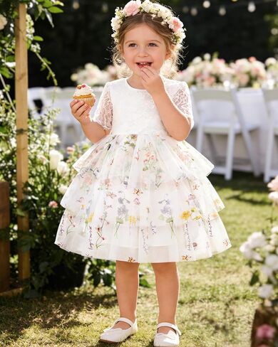 Toddler Flower Girl Dress 2-8Y Embroidered Lace Back V-Neck Tulle Dress for Party Wedding Tea Party in Saudi Arabia