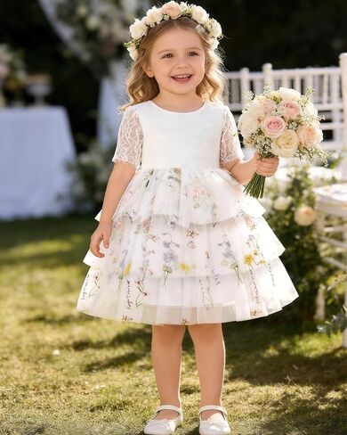 Toddler Flower Girl Dress 2-8Y Embroidered Lace Back V-Neck Tulle Dress for Party Wedding Tea Party in Saudi Arabia