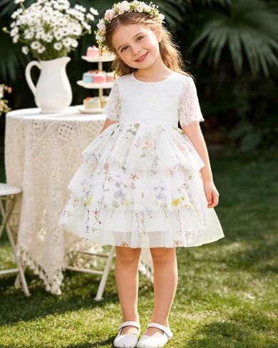 Toddler Flower Girl Dress 2-8Y Embroidered Lace Back V-Neck Tulle Dress for Party Wedding Tea Party in Saudi Arabia