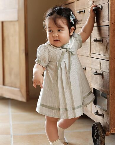 Twoflower Toddler Girl Short Sleeve Sailor Dress Striped Vintage Gray Green Collar A-Line Casual Cotton Uniform Dress in Saudi Arabia