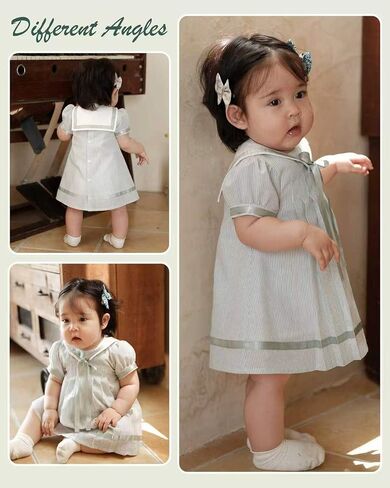 Twoflower Toddler Girl Short Sleeve Sailor Dress Striped Vintage Gray Green Collar A-Line Casual Cotton Uniform Dress in Saudi Arabia