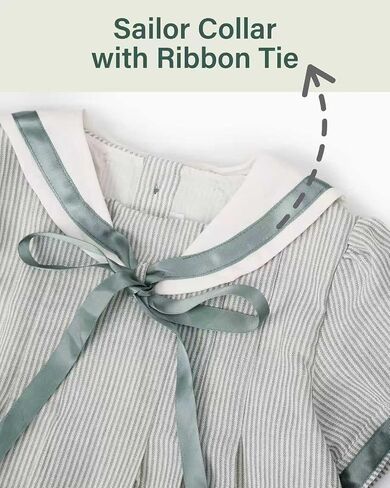 Twoflower Toddler Girl Short Sleeve Sailor Dress Striped Vintage Gray Green Collar A-Line Casual Cotton Uniform Dress in Saudi Arabia