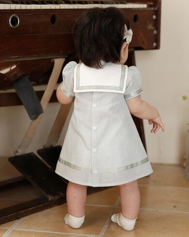 Twoflower Toddler Girl Short Sleeve Sailor Dress Striped Vintage Gray Green Collar A-Line Casual Cotton Uniform Dress in Saudi Arabia