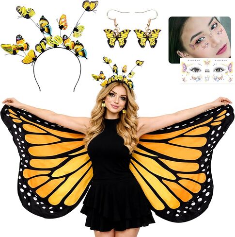 Monarch Butterfly Wings Costume for Women Double Sided Cape Set with Headband Earrings Tattoos Adult Fairy Wings Halloween Cosplay Party Dress Up in Saudi Arabia